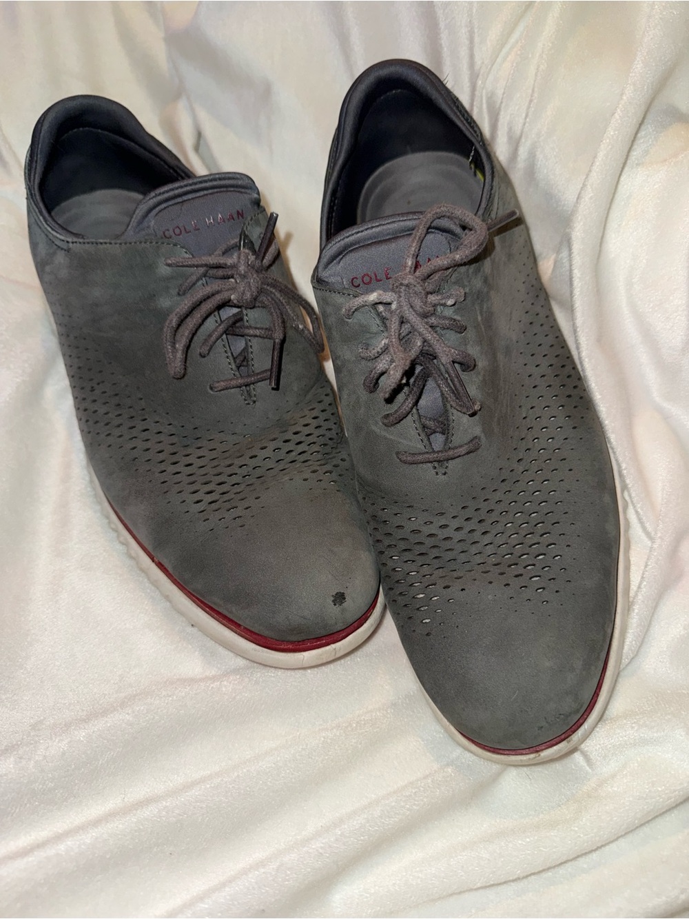 Cole Haan Grey Perforated Leather Lace-Up Sneakers with Red Trim- 10.5 wide